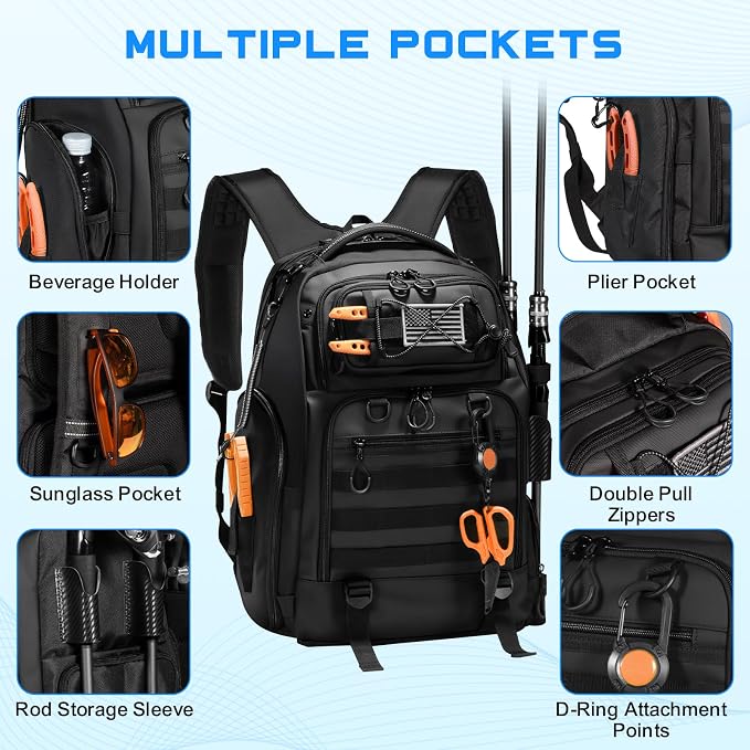 50L Fishing Tackle Backpack with Removable Lure Wraps,2 Rod Holders Storage Fishing Gear and Equipment