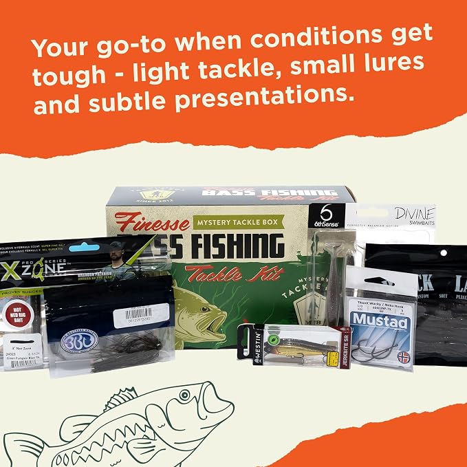Catch Co Mystery Tackle Box Finesse Bass Fishing Kit (6-8 Baits & Decal) | 6-8 Baits for Largemouth and Smallmouth Bass - Includes Decal, Fishing Gifts, Fishing Gifts for Men