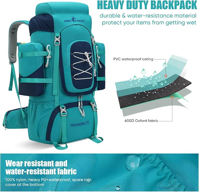 Bseash 70L (65+5) Waterproof Hiking Camping Backpack with Rain Cover, Outdoor Sport Travel Daypack for Climbing Touring (Blue Green)