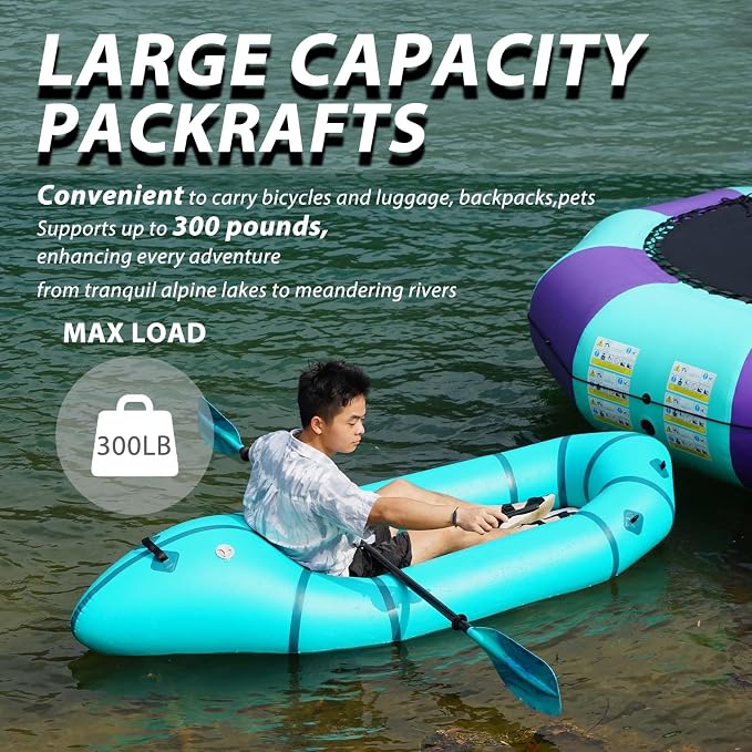 PVC Packrafts,1 Person Packraft for Flat Water Rafting Camping Trip/Fishing/Water Adventures, Travel Kayak with Two-Way Manual Pump, 300lb Weight Capacity