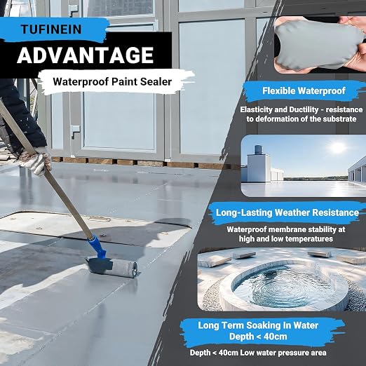 Rubber Liquid Waterproof Sealant, TUFINEIN 11 LB/5 KG Neutral Gray Quick Drying Multi Surface Foundation Leak Repair - Roof Gutters Basement Sealer Waterproof - Indoor & Outdoor Flexible Rubber Paint