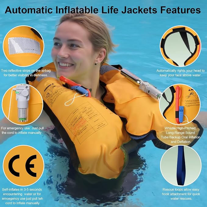 Automatic Inflatable Life Jacket | Inflatable PFD Jackets for Adults|Kayak Life Vest | for Outdoor Water Sports | Fishing Sailing | Jet Skiing | Supports up to 330 lbs