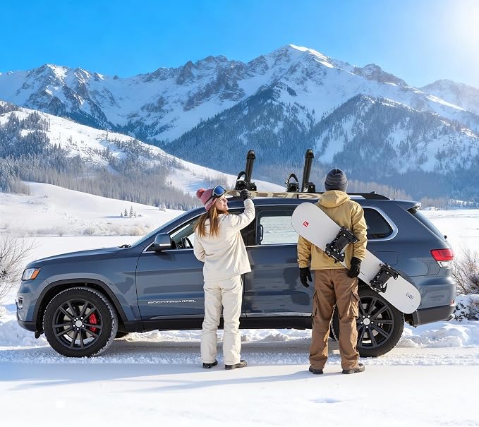VEVOR Ski & Snowboard Roof Rack, Carry up to 6 Pairs of Skis or 4 Snowboards, 2 PCS Aluminum Universal Car Roof Rack with Lock & Rubber Padding, Carrier for Fishing Rod, Fit Most Slotted Crossbars