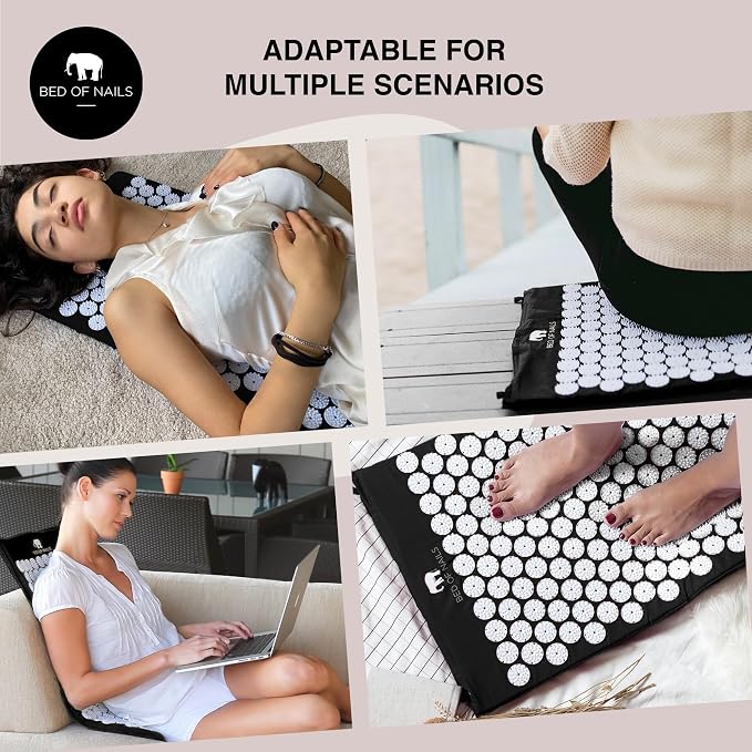 Bed of Nails Mat and Pillow Set – Original Bon Acupressure Design with 10962 Precision Nails, Mat: 28.5 x 16.5 x 1", Pillow: 14.5 x 6 x 4", Jet Black