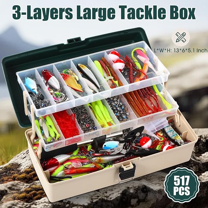 517 Pcs Large 3 Layers Tackle Box with Tackle Fishing Lures Kit Included Pliers, Fish Lip Gripper, Crankbait, Hooks, Other Accessories Fishing Kit for Men Gifts Summer Vacation(Dark Green Milky White)