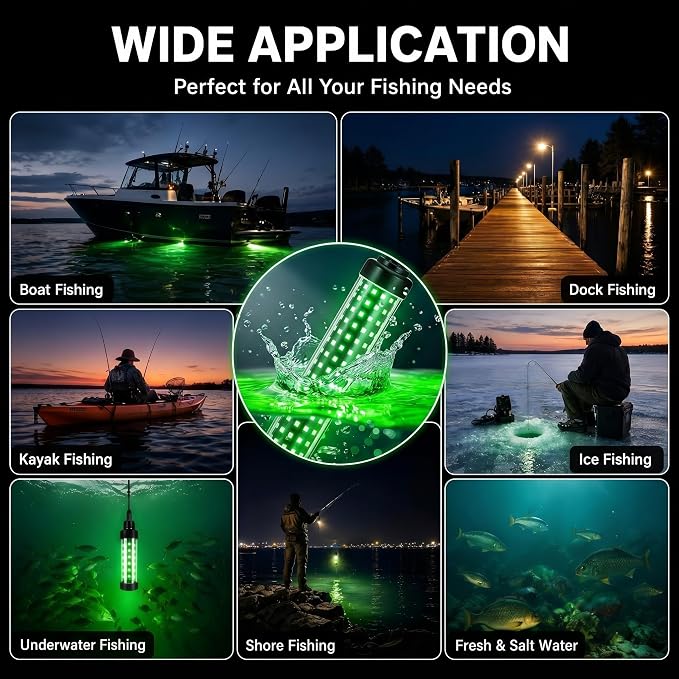 Tuanse Underwater Fishing Light with Timer & Remote 36W Green Super Bright LED IP68 Waterproof 30ft Cable for Night Fishing on Docks Boats & Kayaks (110V/12V/Car)