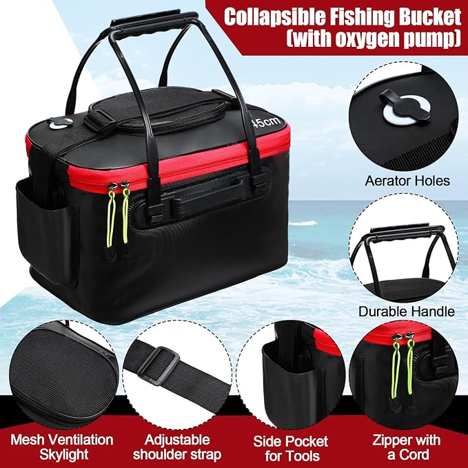 2 Pcs Fishing Bucket and Live Bait Aerator, Foldable Multi Functional Live Bucket Portable Quiet Aerator Outdoor Camping Fishing EVA Bag