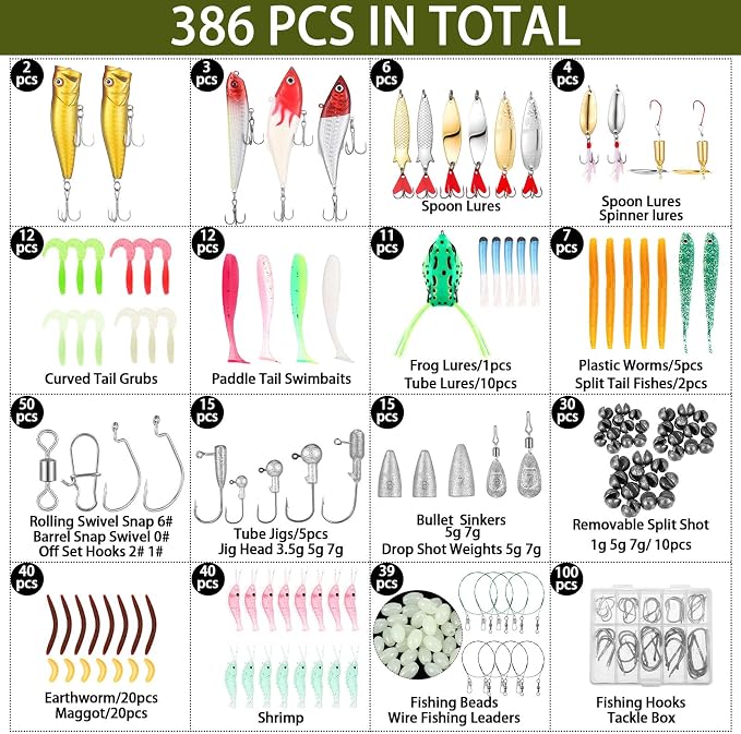 Gemscream 393 Pcs Fishing Tool Kit Fishing Backpack with Tackle Boxes Included Pliers Gear and Equipment Bait Rigs Fish Lip Gripper Lure Gear Kit Fish Hooks Remover Tools