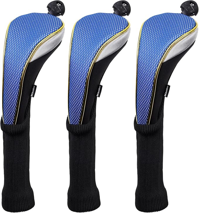 Andux 3Pcs/Set Long Neck Gold Golf Hybrids Club Head Covers with Dial No. Tag MT/HY14