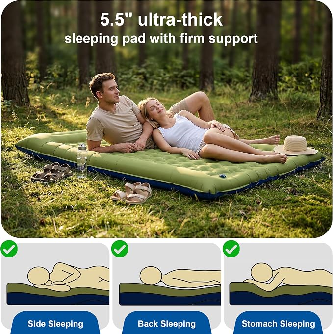 Double Sleeping Pad for Camping - 5.5" Ultra-Thick Camping Mattress with Pillow, Built-in Foot Pump, Compact 2-Person Portable Camping Mat for Backpacking, Hiking, Car Traveling, Beach, Tent
