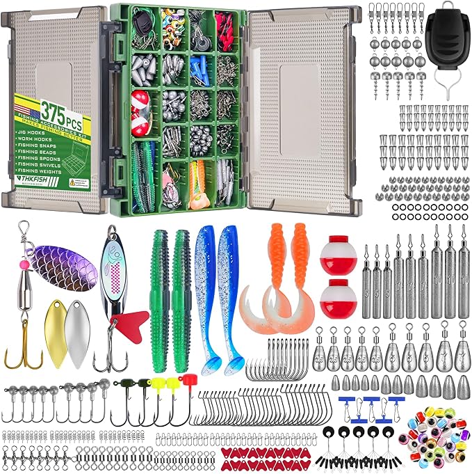 THKFISH 375pcs Fishing Accessories Kit, Double sided Organized Fishing Tackle Box with Tackle Included Hooks, Weights Sinkers, Bass Fishing Gear Gifts