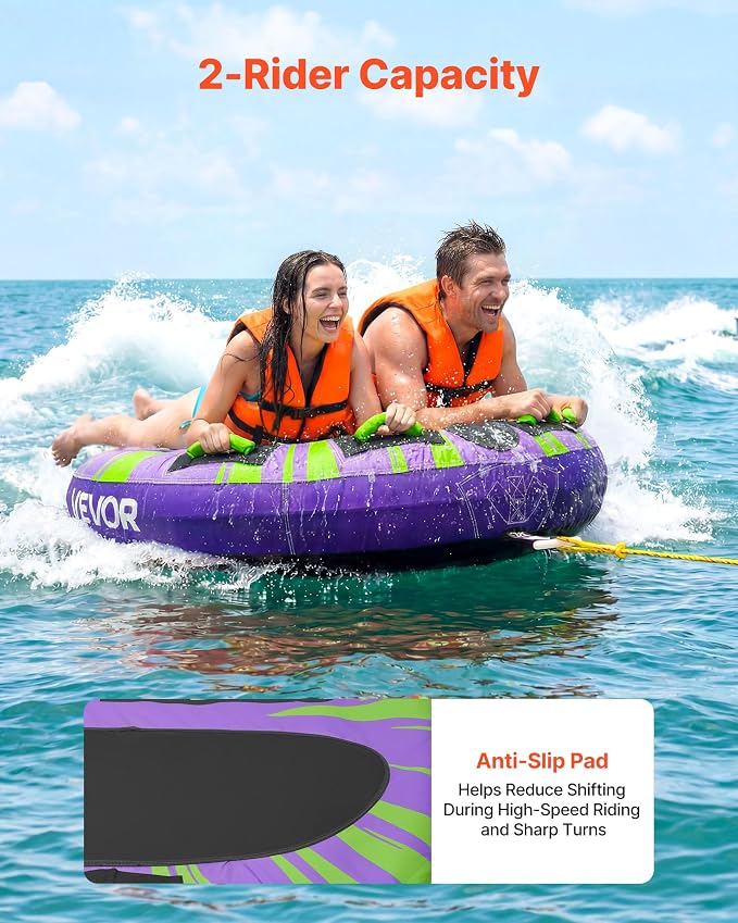 VEVOR Towable Tubes for Boating, 1-4 Riders Inflatable Boat Tubes & Towables, 340-680 lbs Capacity, Multiple Sizes with Full Nylon Cover, Padded/EVA Handles, Fins & Safety Valve (Multi-Option)