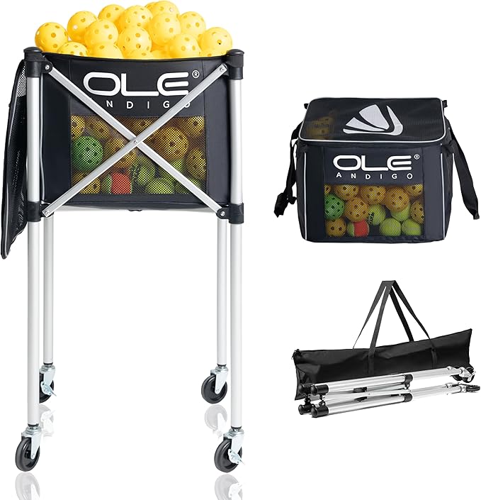 Pickleball Cart with Wheels, Foldable Tennis Ball Hopper Holds 180 Pickleballs or 210 Tennis Balls, Portable Ball Caddy with Side Storage Bag for Pickleball Training
