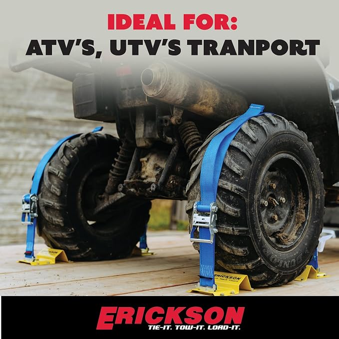 Erickson Wheel Chock Tie-Down Kit, 2 in x 7.5 ft, Double Slotted E-Fitting, Fits 10 in-30 in Tires, 1500 lb Ratchet Straps - Secures ATV, UTV, SxS, Mower & More