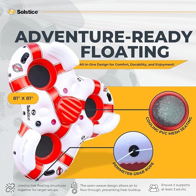 Solstice Super Chill Inflatable River Raft Float Tube 3 Person with Cupholders, Cooler, Mesh Bottom, Backrest, Grab Handles Tie On Rope | for Rivers Lake Ocean Pool Floating Snow Heavy Duty Material