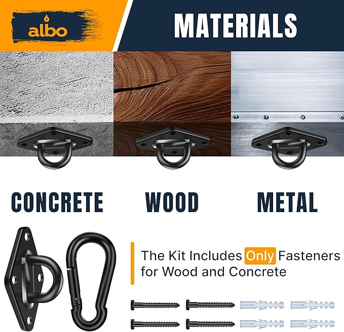 Albo Diamond Plate 2650lbs Swing Hangers 2 PCS - Heavy Duty Ceiling Mount Hooks with Snap Carabiners, 304 Stainless Steel for Wood & Concrete & Metal, Indoor Outdoor Anchor for Hammock, Yoga, TRX
