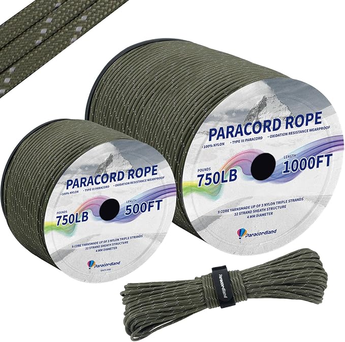 Paracordland-750LB Reflective Rope-100ft/500ft/1000ft- 9 Strand Parachute Spool Cord Heavy Duty String Ideal for Survival Gear Bracelet Camping Hikig Fishing-Reflective Green-1000FT