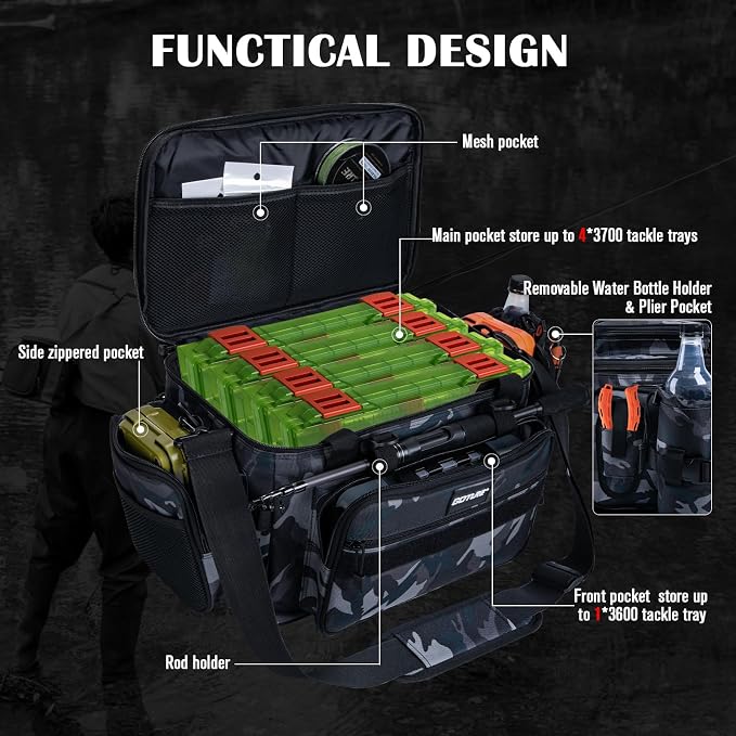Goture Fishing Tackle Bag with 4PCS 3700 & 2PCS 3600 Tackle Boxes | 600D Water-Resistant, Rod Straps, Detachable Bottle Pouch,Waterproof Bottom, Freshwater & Saltwater Gear Storage Fishing Bag