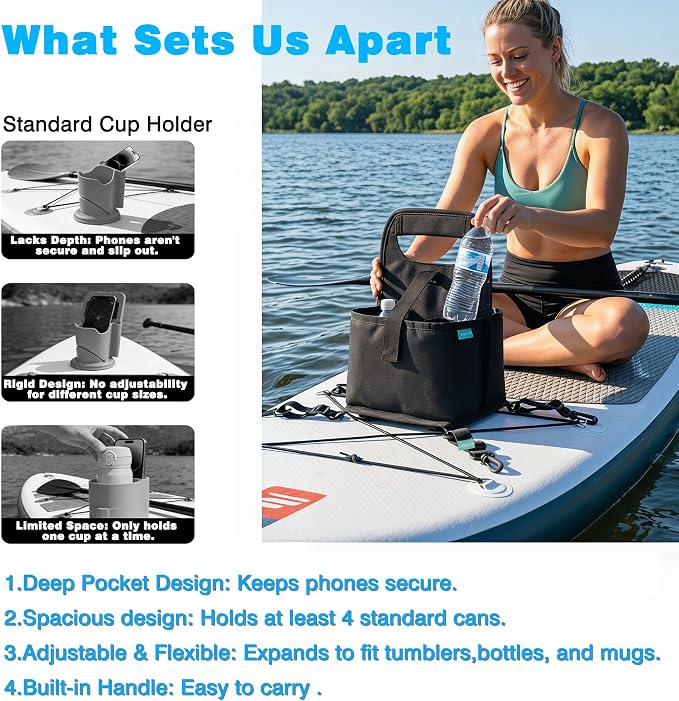 Paddle Board Cooler Paddle Board and Kayak Drink Cup Holder Reusable Insulated Coffee Cup Carrier, 2-in-1 Drink & Phone Holder Essential SUP Accessories for Paddleboarding