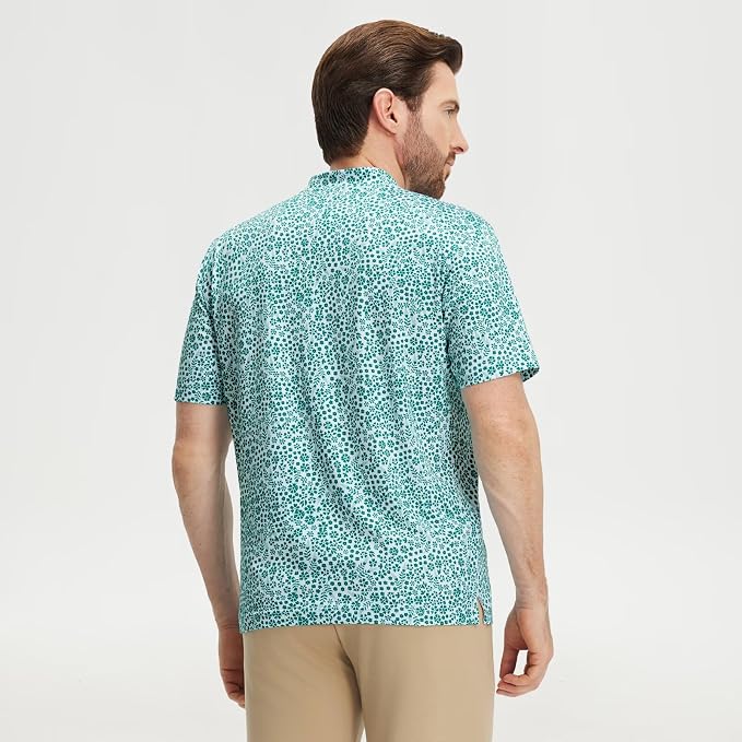M MAELREG Golf Shirts for Men Collarless Performance Dry Fit Stretch Henley Casual Printed Mens Polo Shirts Short Sleeve