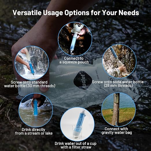 Yuclet Squeeze Water Filtration System for Hiking, Camping, Travel, and Emergency Preparedness (4 Water Filter Straw, 4 Squeezable 20-Oz Water Pouch)