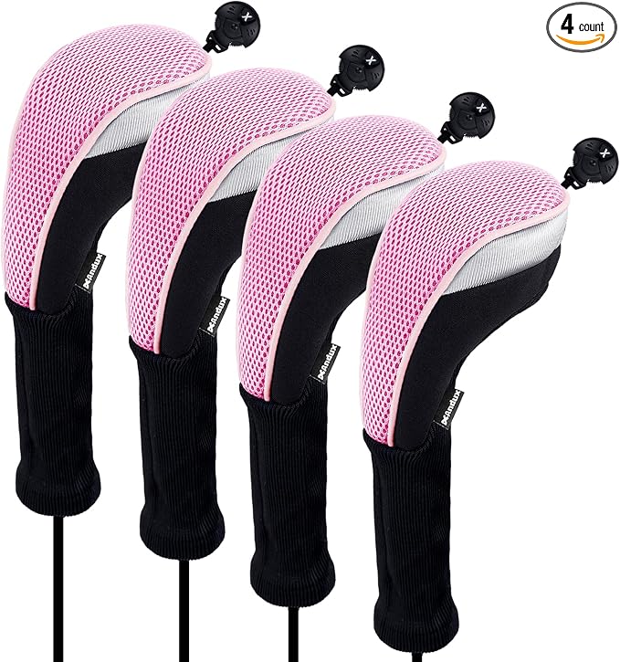 Andux 4pcs Long Neck Golf Hybrid Club Head Covers Dial No. Tag CTMT-02 | Mesh Breathable material | all the Same Size | Coloured Piping | Pull-On Closure