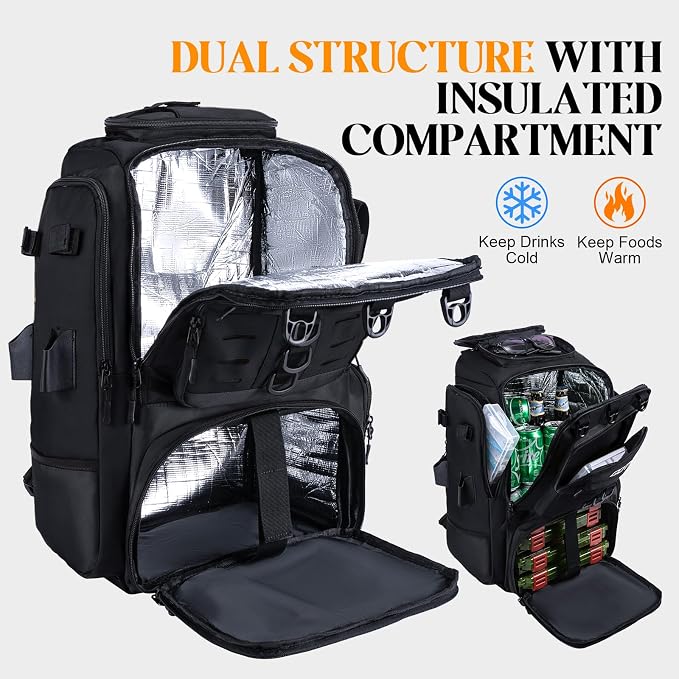 Goture 40L Large Black Fishing Backpack, 900D Tear-Resistant Tackle Bag with Cooler & Rain Cover & 3600 Trays, Freshwater Saltwater