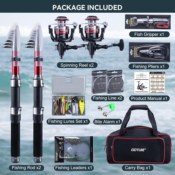 Goture 2-Pack Fishing Rod and Reel Combo with Carrier Bag,1.8M-2.7M | 2PCS Telescopic Fishing Pole,2PCS Spinning Reel,Line,Lures,Pliers,Gripper, for Saltwater and Freshwater Travel,Starter Kit