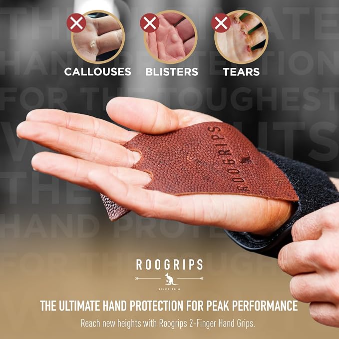 Roogrips 2 Finger Premium Leather Hand Grips for Gymnastic Bars, Cross Training, Gym & Home Workouts, Pull Up Bars & Weightlifting - The Most Durable Palm Guard from Rips and Blisters