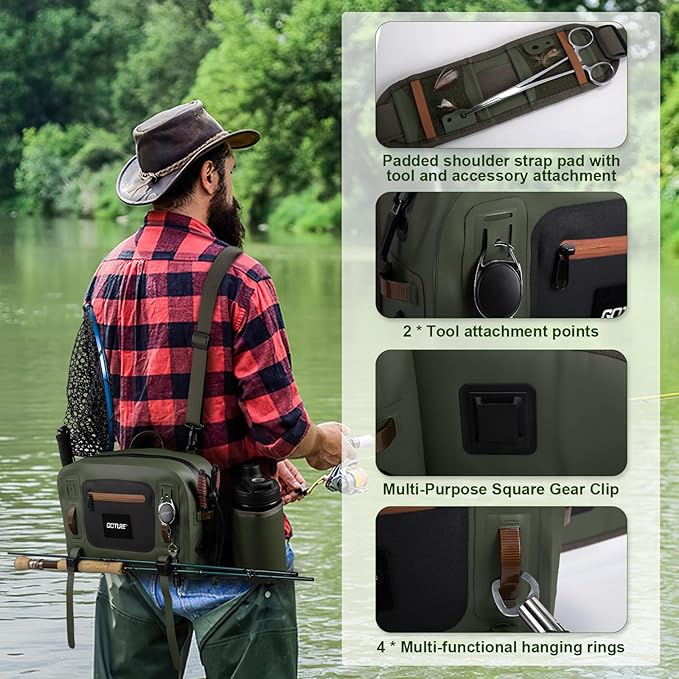 Goture Waterproof Fishing Waist Pack,IPX8 840D TPU Large Tackle Bag with Rod Holder,Airtight Zipper Closure,Detachable Water Bottle Holder, 10L Fly Fishing Bag with Adjustable Strap,Sling Fanny Pack
