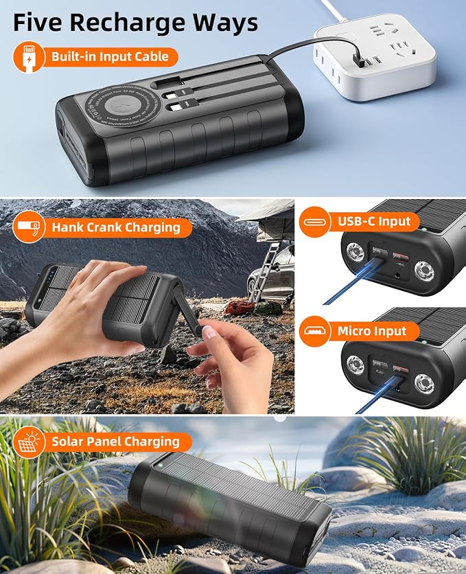 Solar Charger Power Bank 59800mAh, 15W Wireless Charging Compatible with iPhone Samsung Apple Watch, Outdoor Battery Pack, 3 Built in Cables & Hand Crank, Dual LED Flashlight for Camping Hiking Travel