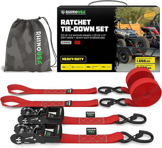 Rhino USA Ratchet Straps Heavy Duty Kit (2-Pack) - 1.6 Inch x 8 Feet Min Break Strength (5,000) - Ultimate Tie Down Straps with Safety S Hooks for Trucks, ATV, UTV, Motorcycle, Cargo & More - Red