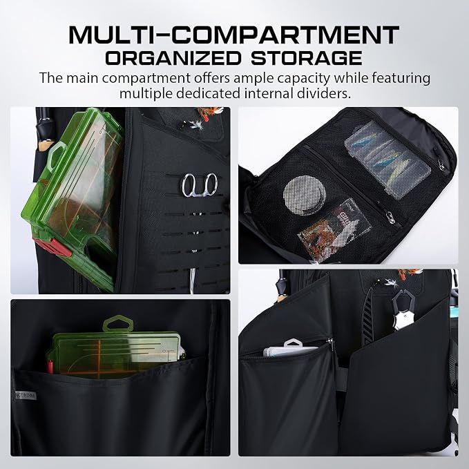 Goture Black Tackle Bag with Trays, Fishing Backpack for Men Professional Fishing Gear Organizer with MOLLE System, Rod Holder