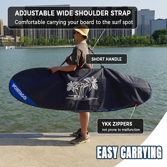 Surfboard Bag Zippered Day Bag with Shoulder Strap, Surfboard Carrying Bags for Storage and Transport, Size 7'0, 7'6, 8'0, 8'6, 9'2, 9'6, 10'0