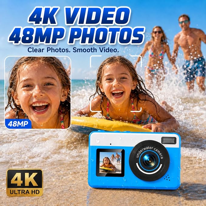 Maxmango D70 4K Underwater Digital Camera - 48MP 10FT Waterproof Camera for Snorkeling - Dual Screen Selfie Compact Floatable Camera with 16GB Card - Point and Shoot Digital Cam 1200mAh Battery -Blue