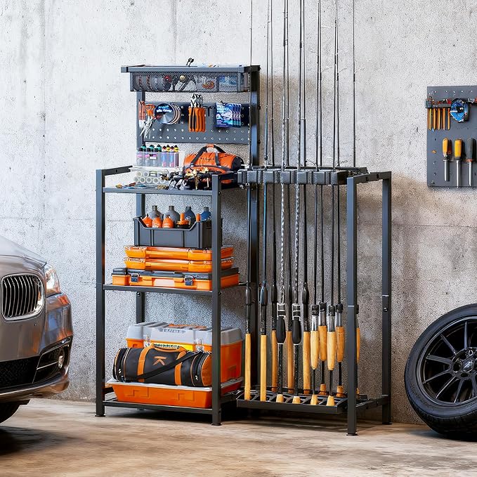Fishing Rod Holders for Garage, Fishing Pole Holder with 3 Tier shelf, Heavy Duty Fishing Pole Rack with Pegboard & Basket, Fishing Rod Rack Hold up to 12 Fishing Rods, Ideal Fishing Gifts, Black