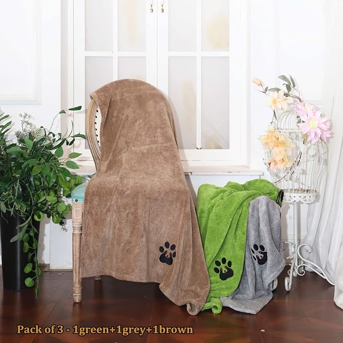 Dogvingpk Extra Large Dog Towel 3 Pack, Super Absorbent Soft Quick Drying Microfiber Pet Bath Towels for Large & Medium Dogs (XL-55" * 36", Green and Brown and Grey)
