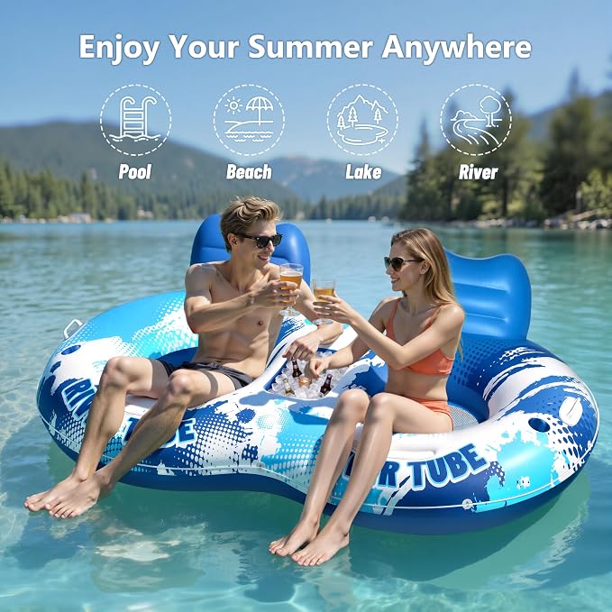 JOSEN Inflatable River Tube Float - 2 Person Heavy Duty River Float, Pool Floats Adult, Lake River Floats Water Tubes for Floating with Removable Cooler & Cupholders for Summer Relaxation