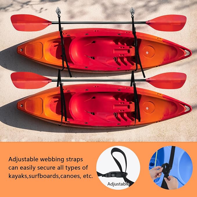 Kayak Storage Strap,Kayak Hanging Straps 1in/1.5in Wide,Adjustable Kayak Wall Mount Straps,Kayak Storage Strap System With Paddle Loops for Hanging 1or 2 Kayak,Paddle Board,Surfboard,Canoe(2/4 Pack)