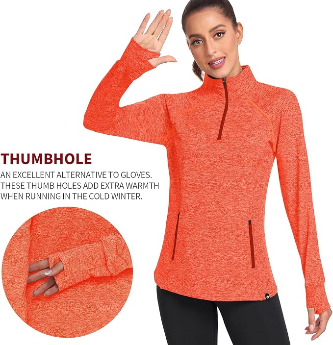 Soneven Women's Thermal Fleece Running Shirts Warm Winter Pullover Cold Weather Workout Hiking Tops with Thumb Holes Pockets
