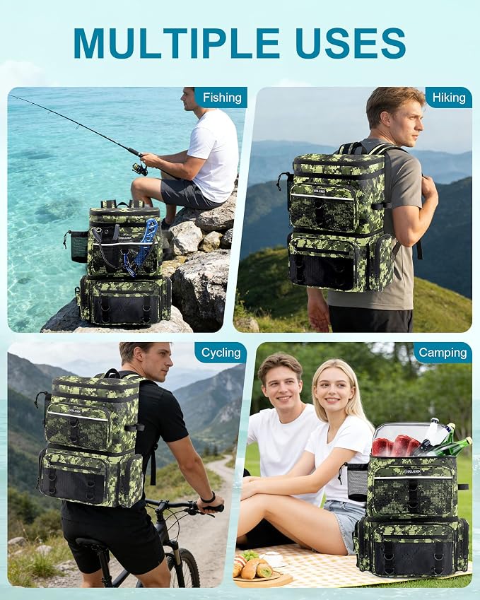 HXLGMD Fishing Backpack with Rod Holders, Double Layer Large Water-resistant Tackle Bag Store Gear with Cooler, Green