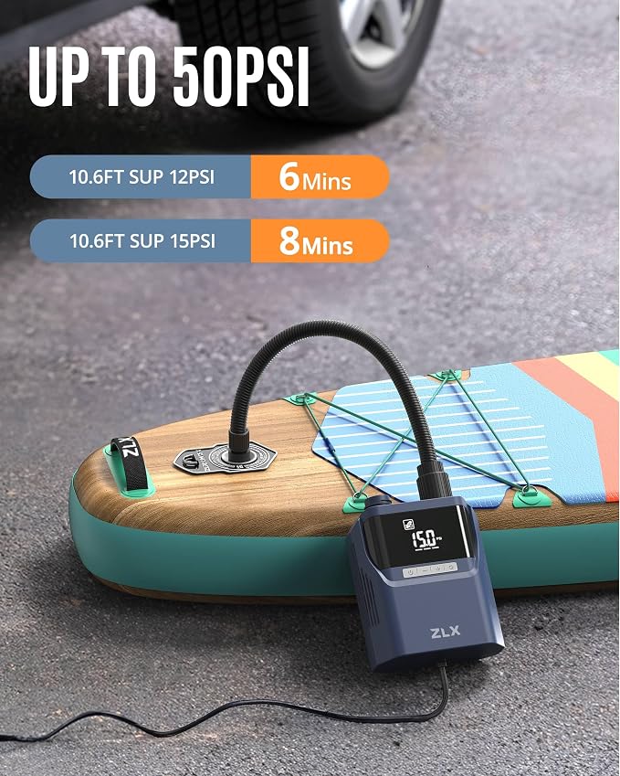ZLX Paddle Board Pump, 50PSI SUP Pump with 12V DC Car Connector-No Battery, High Pressure Dual Stage Inflation & Deflation Paddle Board Accessories for Inflatables, Kayaks, Boats, Tent, Air Mattresses