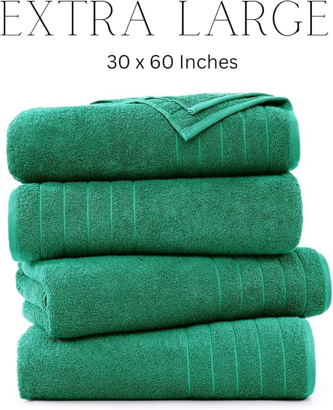 Casa Platino 100% Cotton Bath Towels Pack of 4 (30"x60") - Ring Spun Mercerized Cotton Bathroom Towel Set - Quick Dry, Soft & Absorbent Large Bath Towels - Holds Well After Multiple Washes - Emerald