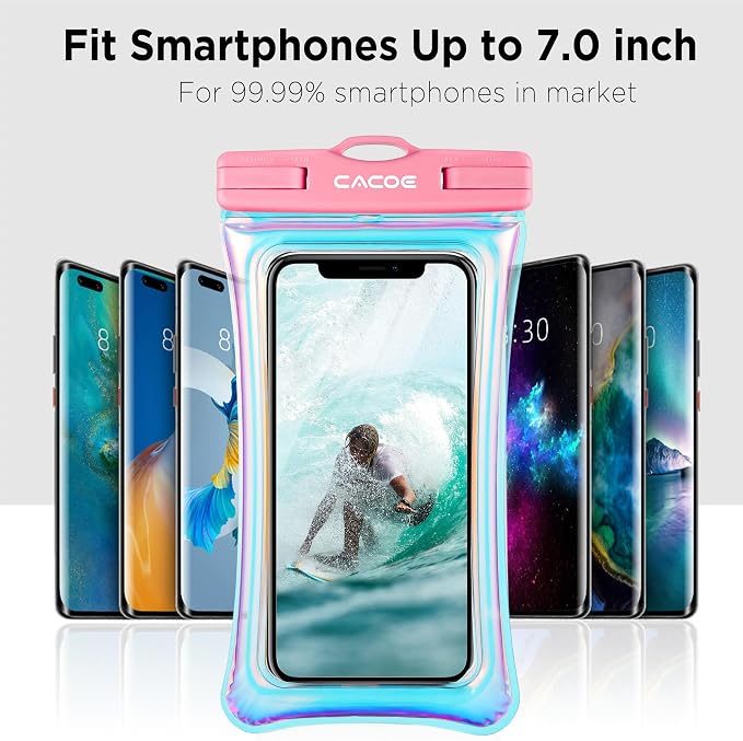 CACOE Universal Waterproof Phone Case 2 Pcs-Up to 7.0",Phone Pouch with Adjustable Neck Lanyard,IPX8 Cellphone Dry Bags for Beach Pool Swimming (Iridescence, Up to 7.0"-Floatable)