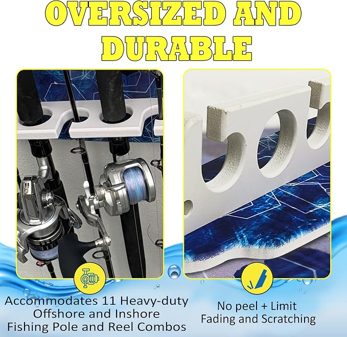 Rush Creek Creations Reel Salty Waterproof Offshore/Inshore Fishing Rod Holder for 11 Saltwater Poles + Gear & Accessories Perfect for Garage & Wall Storage