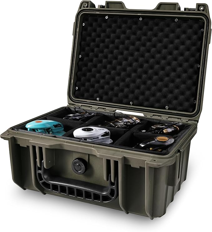 Fishing Reels Storage Case 13 Inches,Heavy Duty Waterproof Fishing Wheel Protective Hard Case, Tackle Collection Holder Box, 6pcs Adjustable Shockproof Dividers (Green)