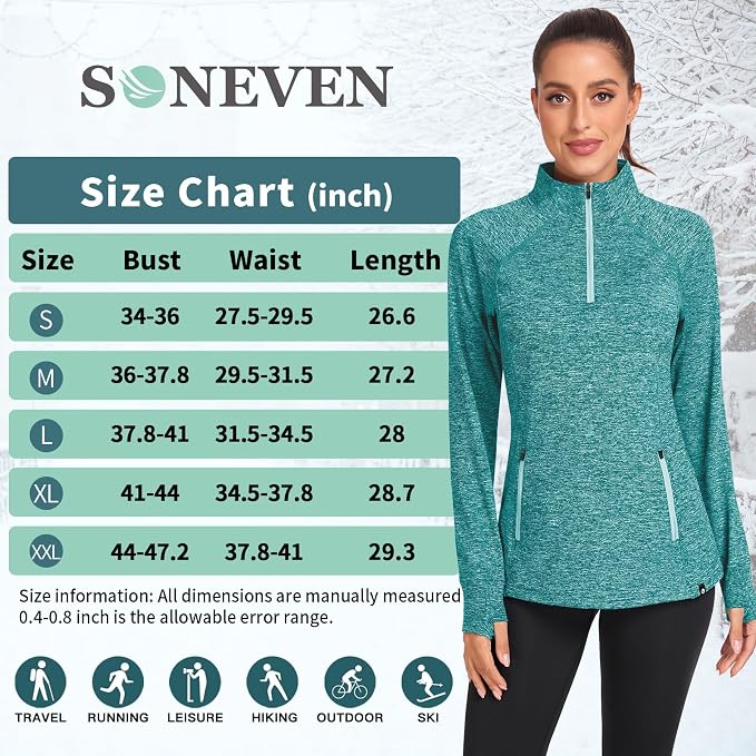 Soneven Women's Thermal Fleece Running Shirts Warm Winter Pullover Cold Weather Workout Hiking Tops with Thumb Holes Pockets