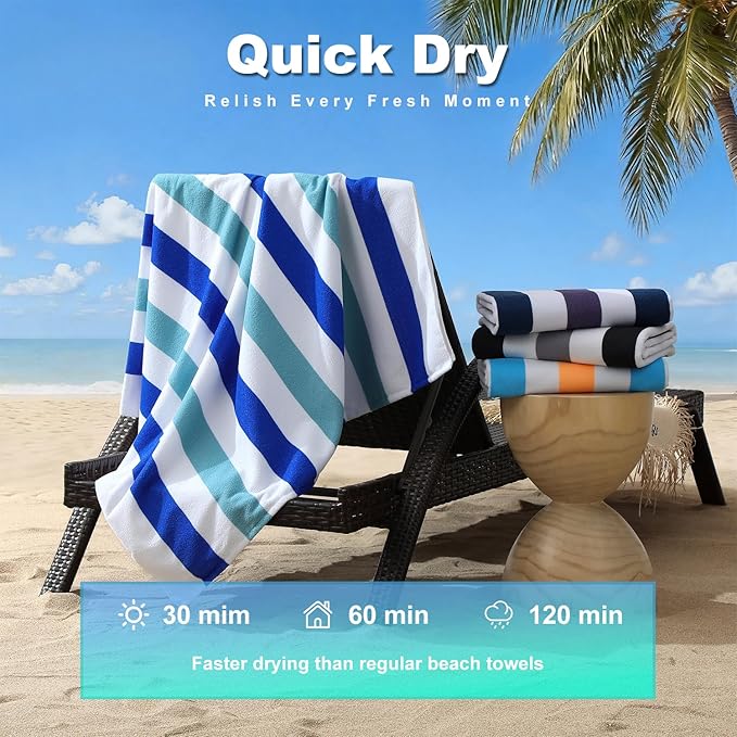Jessy Home 4 Pack Striped Oversized Beach Towel Set, 40x70 Inch Microfiber Sandproof Quick Dry Super Soft Swim Towels, Absorbent Stylish Pool Towels, Swim Cover Up for Beach Vacation Travel