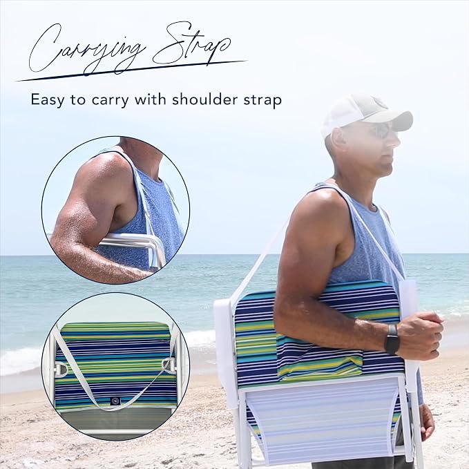 Caribbean Joe Folding Beach Chair, 1 Position Lightweight and Portable Foldable Outdoor Camping Chair with Carry Strap, Blue and Lime Stripe