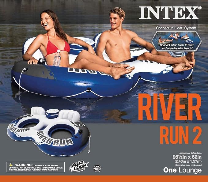 Intex River Run II Inflatable 2 Person Pool Tube Float (2 Pack) w/Cooler Floats
